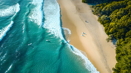 Poster - Aerial view of sandy beach with surfers at Cylinder Beach Point Lookout Queensland Australia : Generative AI