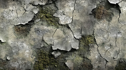 Sticker - A cracked concrete wall with patches of dark moss growing in the deeper crevices. The texture is rough, with visible signs of age and weather damage, adding to the urban decay atmosphere.