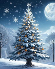 Poster - snow covered pine trees with lights in winter christmas