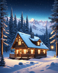 Canvas Print - Snowy cabin with Christmas lights