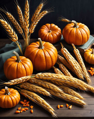 Canvas Print - Wheat stalks and pumpkins on table