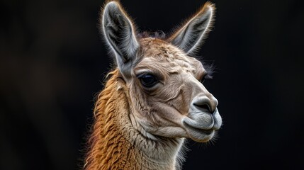 Portrait of llama on black isolated background. Animal Lama on black background