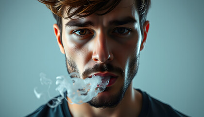 The face of vaping young man isolated with white highlights, png