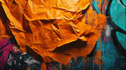 A heavily crumpled orange poster with deep wrinkles, sitting against a graffiti-covered wall. The textured surface of the poster is emphasized by harsh lighting, casting strong shadows in the folds.