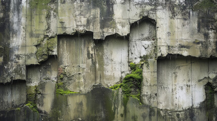 Sticker - A heavily weathered concrete wall with large, jagged cracks and patches of moss. The surface is rough and gritty, with visible signs of age and decay, giving an abandoned industrial vibe.