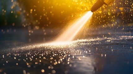 Action shot of a person power washing a slimy wall, water pressure cutting through grime, leaving clean paths, vivid textures, and reflections in the sunlight