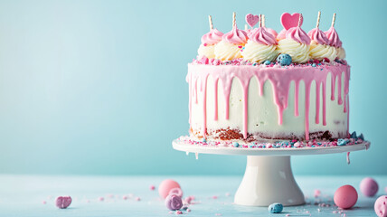 Wall Mural - Beautifully decorated cake with pink frosting, sprinkles, and candy eggs on white stand