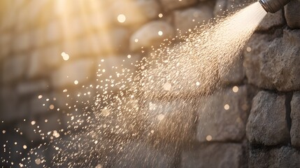 An old stone wall being revitalized by a water jet, brightened natural stone colors emerging, captured mid-action, hyperrealism, dramatic shadows, macro photography style