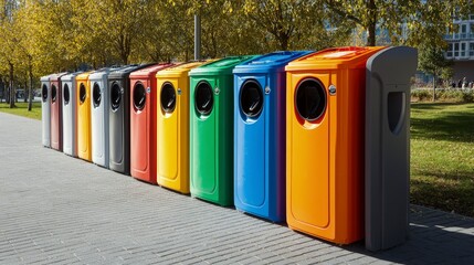 Recycling station with multiple bins, color-coded lids for different materials, placed in a public area, bright midday lighting