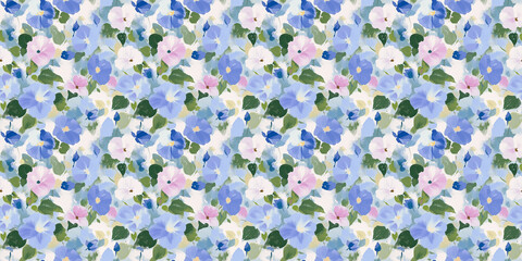 dreamy and clean abstract pattern of morning glories in a naive impressionistic style with gouache