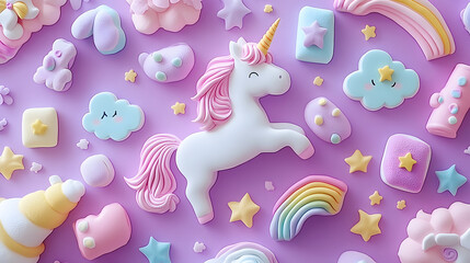 Trendy pastel purple kawaii background with cute air plasticine handmade cartoon animals unicorns clouds rainbows sweet marshmallows pattern Top view flat lay Candycore fairycore : Generative AI