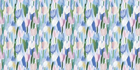 Wall Mural - dreamy and clean abstract pattern of tulips in a naive impressionistic style with gouache