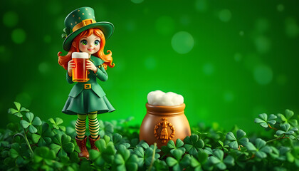 Banner with St. Patrick's Day leprechaun model girl holding beer on green magic background with shamrock leaves isolated with white highlights, png