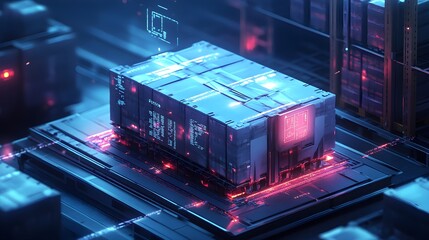 Industrial warehouse scene, palletized goods on a digital scale, numbers and data floating in augmented reality, isometric view, blue-tinted lighting