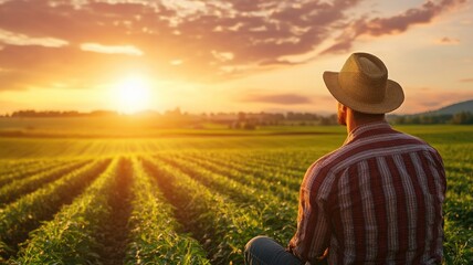 Wall Mural - Caucasian male farmer in plaid shirt and hat observing sunset over fields