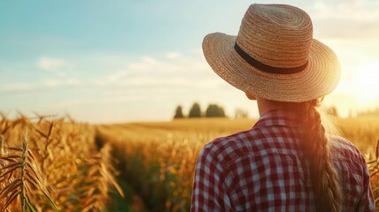 Wall Mural - woman in straw hat and plaid shirt gazing at wheat field during sunset