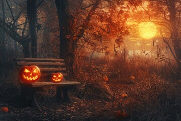 A spooky forest sunset with a haunted evil glowing eyes on the left of a wooden bench on a scary halloween night