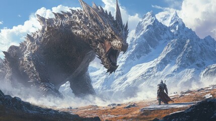 Poster - A lone knight facing a colossal dragon in a snowy mountainous landscape