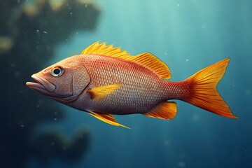 Isolated goldfish swimming in a blue aquarium tank