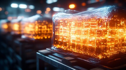 Fragile glass items on a pallet, wrapped in protective materials, with futuristic holographic indicators showing fragility warnings, glowing neon signs, and digital display panels, Cyberpunk, Digital