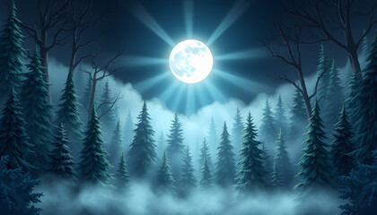 Moonlight rays through the fog and spruce trees of magic mystery night forest. Halloween backdrop isolated with white highlights, png