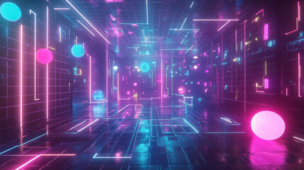 Wall Mural - A dynamic, holographic platform for product display, set in a futuristic metaverse filled with glowing grids and abstract floating shapes. Soft neon lights illuminate the entire scene, giving it a