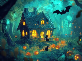 Wall Mural - A Quaint Halloween Cottage Nestled in a Mystical Forest