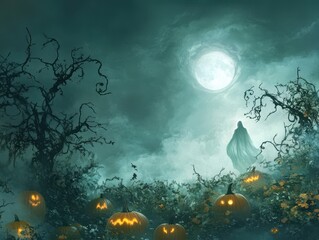 Wall Mural - A Ghostly Figure Stands in a Foggy Forest with Carved Pumpkins