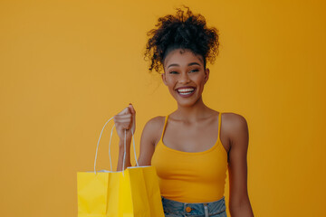 Woman Shopping on Black Friday Smiling With a Fashionable Bag Celebrating Exciting Deals and Huge Retail Discounts