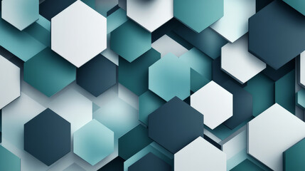 Wall Mural - A flat geometric design with hexagons and triangles in shades of teal, navy, and light gray, arranged to create a sleek, modern aesthetic.