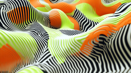 Wall Mural - A futuristic abstract surface with bold geometric patterns in neon orange, lime green, and black, combined with flowing wavy lines for a high-tech feel.