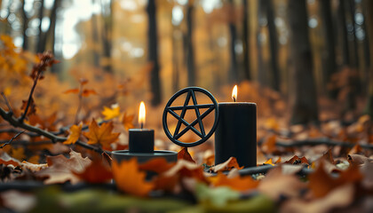 Pentagram amulet and black candle in autumn forest, natural background. Magic esoteric witches ritual. Mysticism, divination, wicca, occultism, witchcraft concept. Samhain sabbat isolated with white