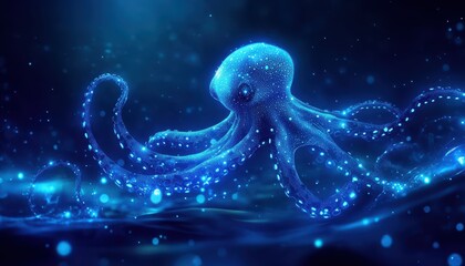 Wall Mural - Glowing Blue Octopus with Tentacles in Water