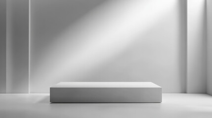 Wall Mural - A matte gray podium with a minimalist design, highlighted by soft lighting. The background features a gradient from pale silver to white, creating a calm, modern look for sleek product displays.