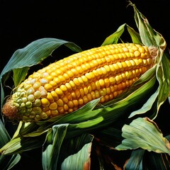 Vibrant close-up of a fresh corn on the cob with husk, highlighting the bright yellow kernels and green leaves. Ideal for agricultural, food, and healthy eating concepts.