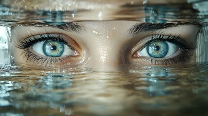 Wall Mural - Flooded home interior, water rising, and two intense eyes in double exposure, representing the emotional and financial impact, insurance claim necessity