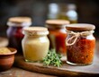 © arbi wiratama - Rustic condiment jars with depth of field showcasing homemade relishes and chutneys