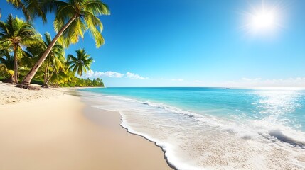 A serene beach scene with golden sand, gentle waves, and vibrant palm trees under a bright blue sky.