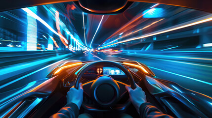 Modern dashboard inside moving sports car in city at night, view of driver hands, wheel and windshield of racing vehicle. Concept of speed, fast, technology, design, drive