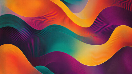 Wall Mural - A playful abstract surface featuring bright geometrical shapes in bold orange, purple, and teal, overlaid with flowing wavy lines for a lively, energetic design.