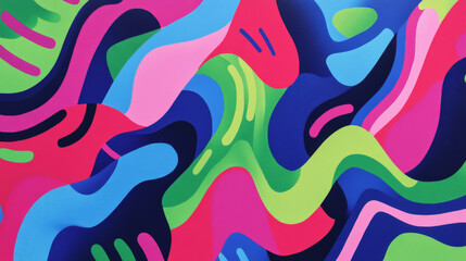 Wall Mural - A playful abstract surface with bold geometric shapes in neon pink, electric blue, and green, accented by fluid wavy lines for a lively, high-energy look.