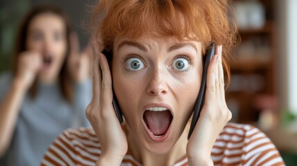 Poster - A woman with red hair on a cell phone in front of another person, AI