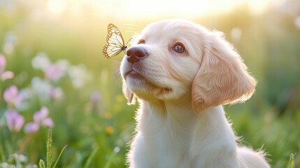 Wall Mural - A puppy with a butterfly on its nose in the grass, AI