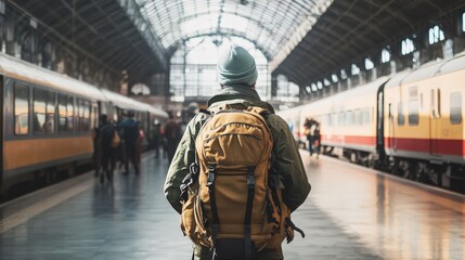 A traveler navigating a busy train station in a foreign country, capturing the excitement and anticipation of embarking on a new journey.