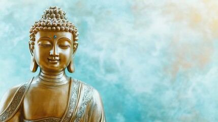 Golden Buddha statue with ornate detailing, standing against a light blue and white background, exuding peace and elegance in a luxurious design