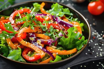 Fresh salad with red peppers, onions, and greens. Perfect for showcasing healthy and delicious food choices.