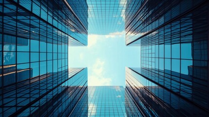 Upward view of reflective skyscrapers with blue sky