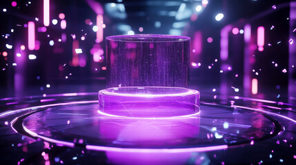 Wall Mural - An elegant, transparent display stand with a glowing purple base, set in a futuristic metaverse filled with swirling digital particles and geometric holographic shapes.