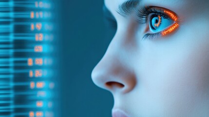 Poster - A close up of a woman's face with glowing eyes, AI