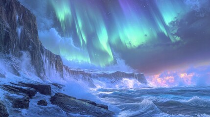 A breathtaking display of the Aurora Borealis over a remote, icy coastline, with rugged cliffs and a turbulent sea below.